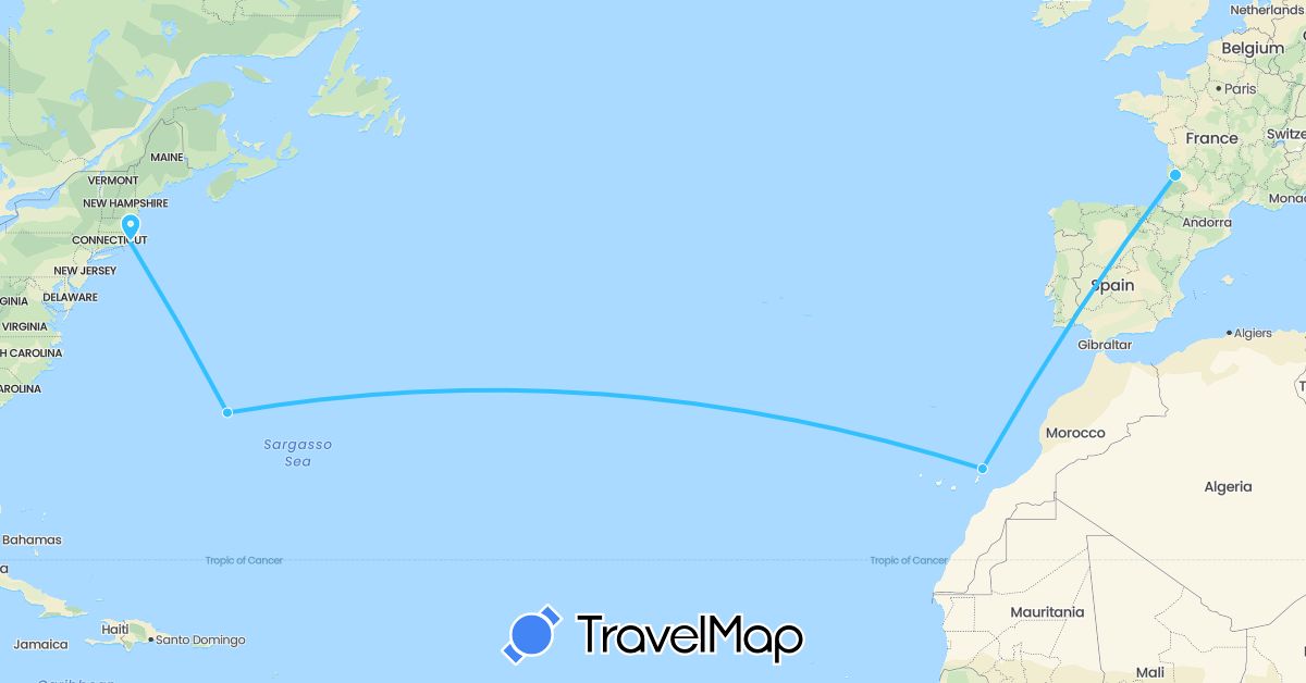 TravelMap itinerary: driving, boat in Bermuda, Spain, France, United States (Europe, North America)